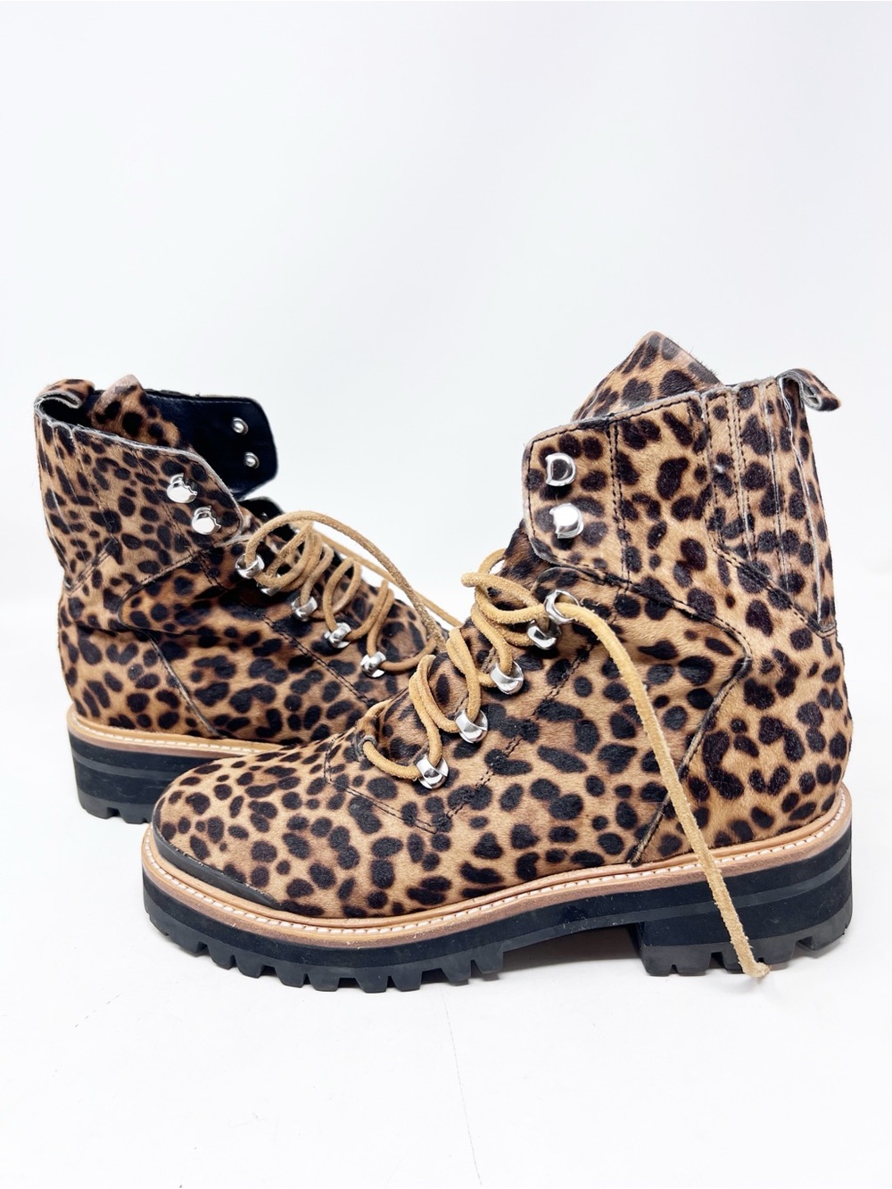 MARC FISHER LTD IZZIE BROWN BLACK LEOPARD LUG SOLE COMBAT MOTO BOOTS SZ 7